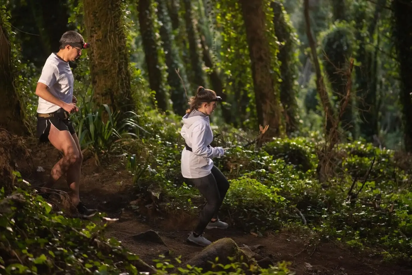 Profile view of an energetic man and woman walking through a forest at night. Two athletic people in sportswear enjoying the outdoors. Leisure, nature, hobby theme.