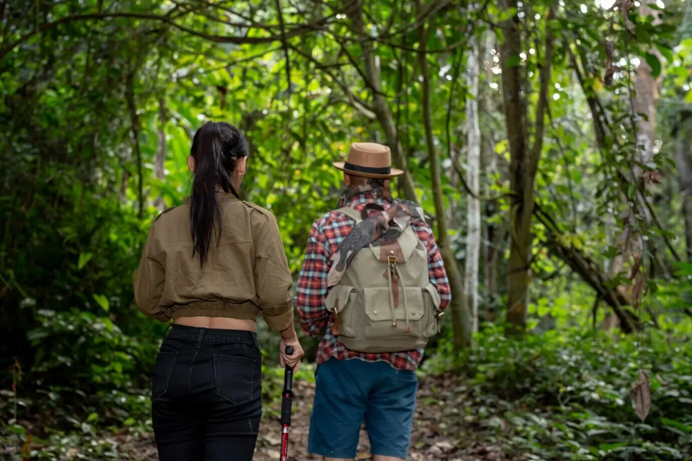Tourists, both male and female, are enjoying the forest.
